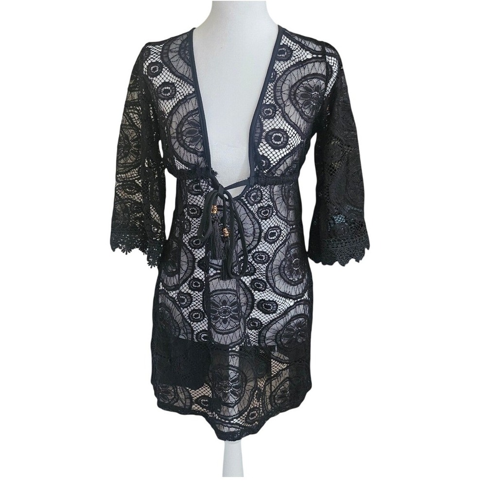 Spiaggia Dolce Black Lace Kimono Duster Swim Cover Up S Goth Boho Festival